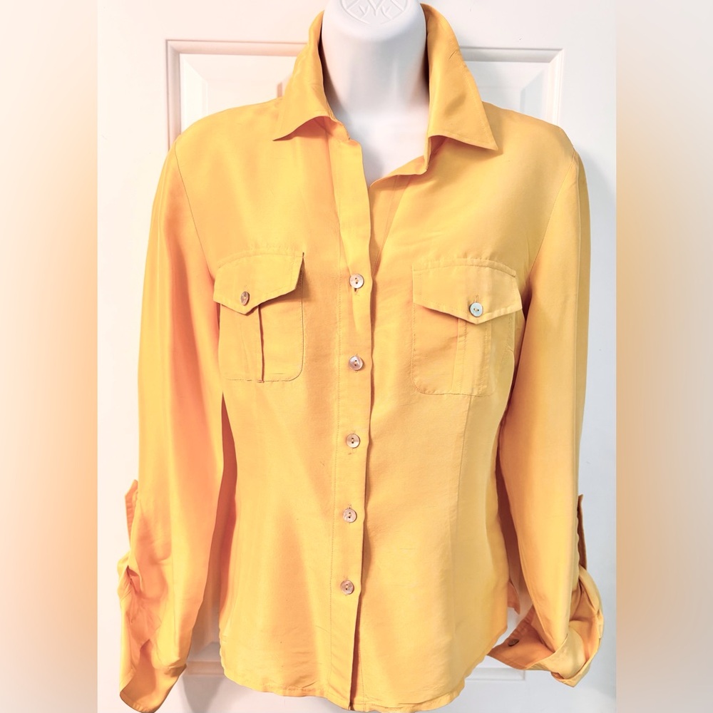 Yellow Silk Button-Down Women's Shirt with long sleeves & front pockets